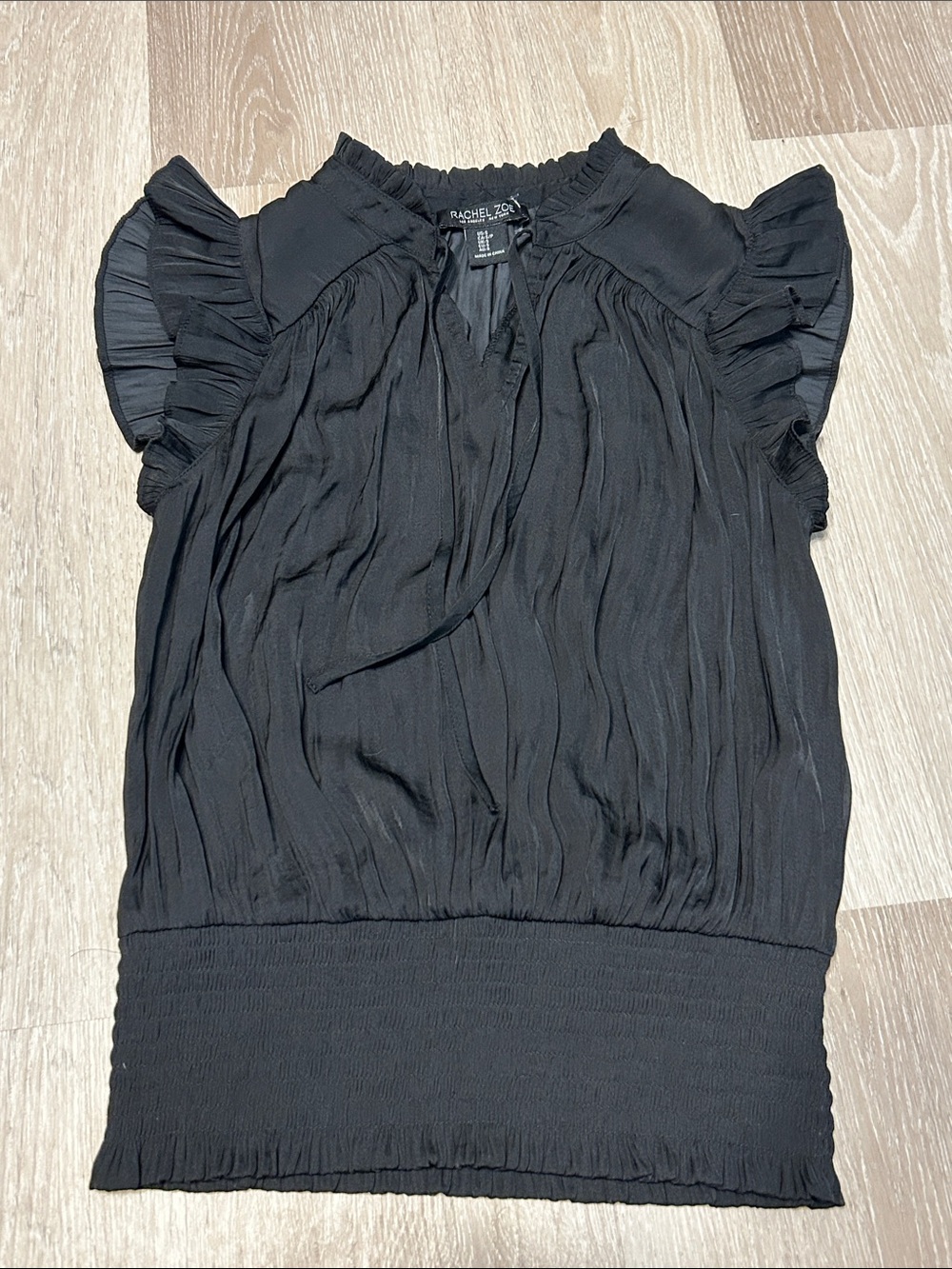 Rachel Zoe Black Smocked Waist Ruffle Flutter Sleeve Blouse Sz Small